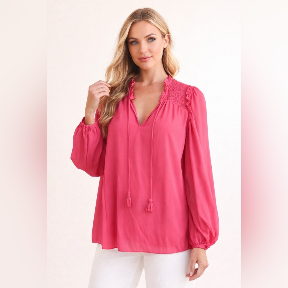 DAY + MOON PINK SMOCKED SATIN TOP BLOUSE SMALL Summer Top Work Wear Vacation